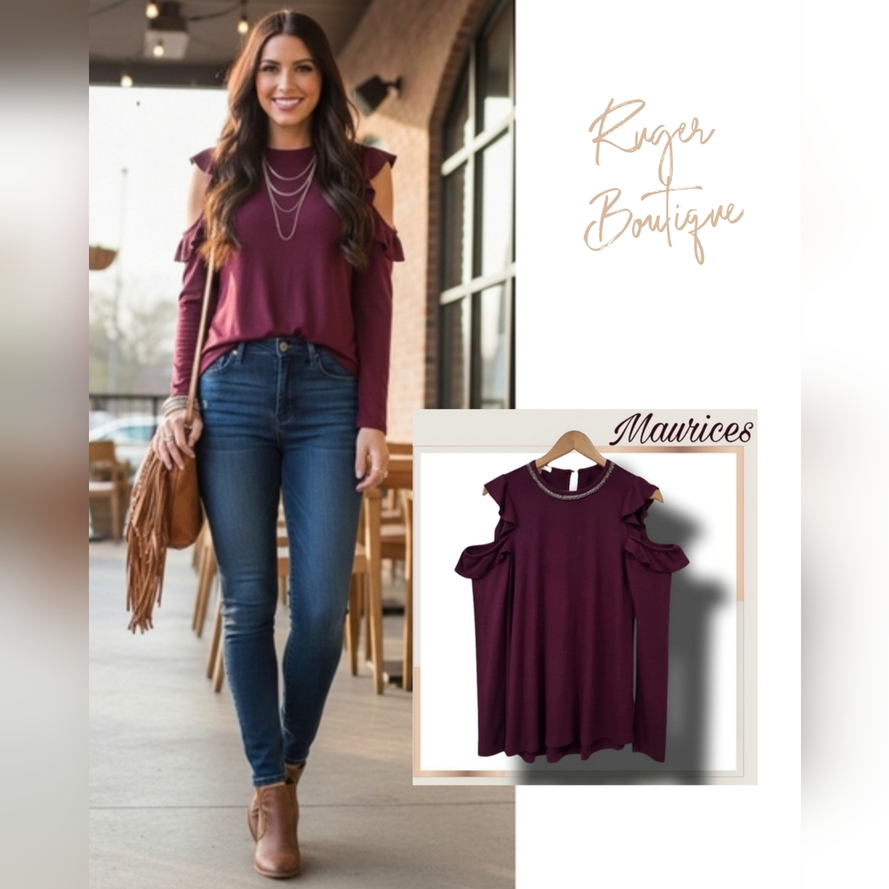 🌿Maurices Women's XS Maroon Cold Shoulder Drop Sleeve Jeweled Neck Sweater